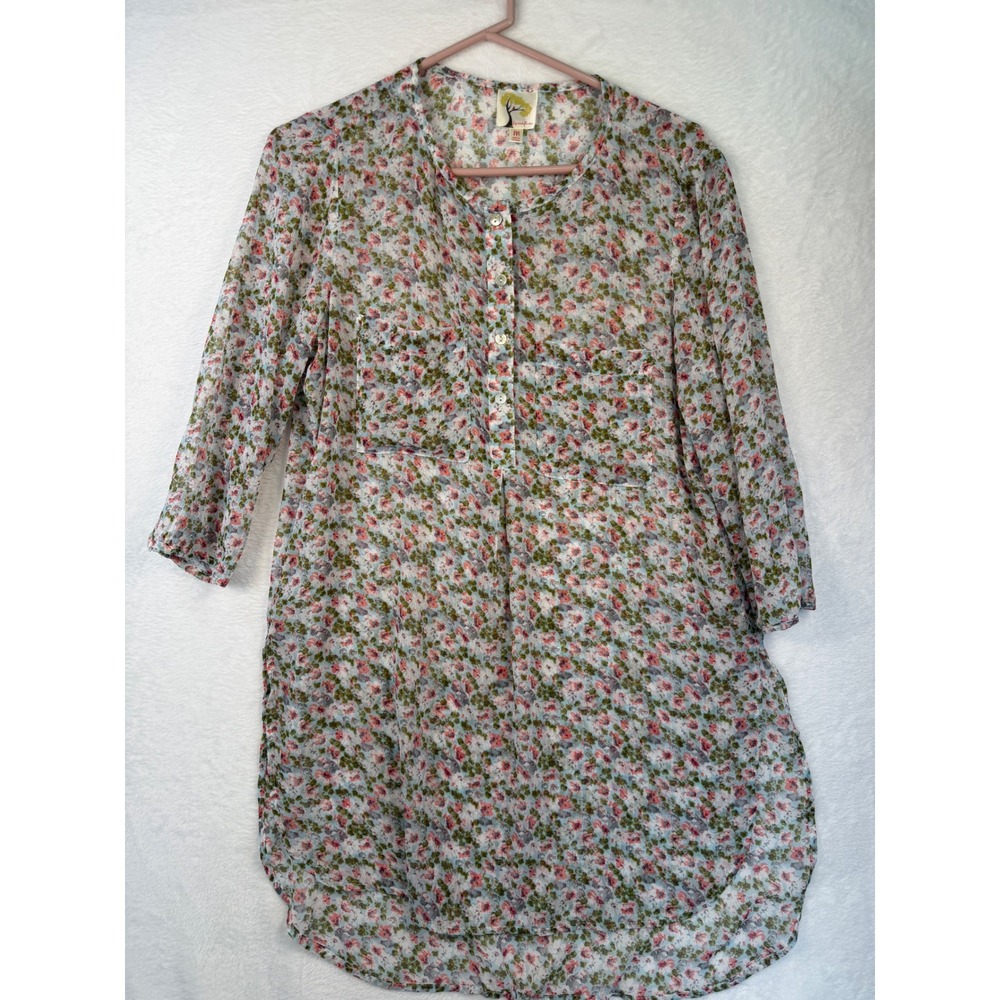 Fig and Flower Floral Henley Tunic Top 3/4 Sleeve Pink Green Medium - Picture 2 of 7